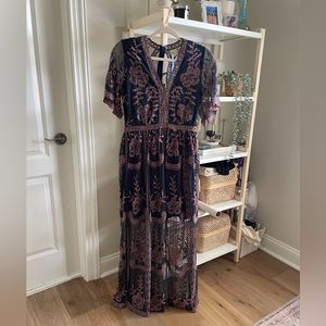 chinese dress ladies Altar'd State Short Sleeve Embroidered Sheer Boho Lace Catania Maxi Dress  Blue S